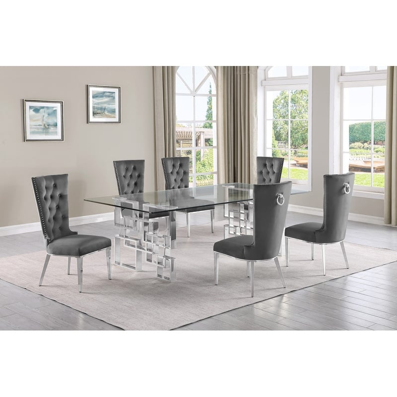 Best Quality Furniture D223/4-SC330-7 Dining Set with 95" 15mm Glass - 7-Piece - Dark Grey / Silver