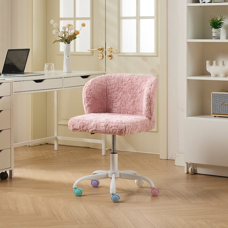 GDF Studio - Modern Faux Fur Upholstered Swivel Home Office Chair with Metal Base with Ergonomic Backrest and Wide Deep Seating - Pink
