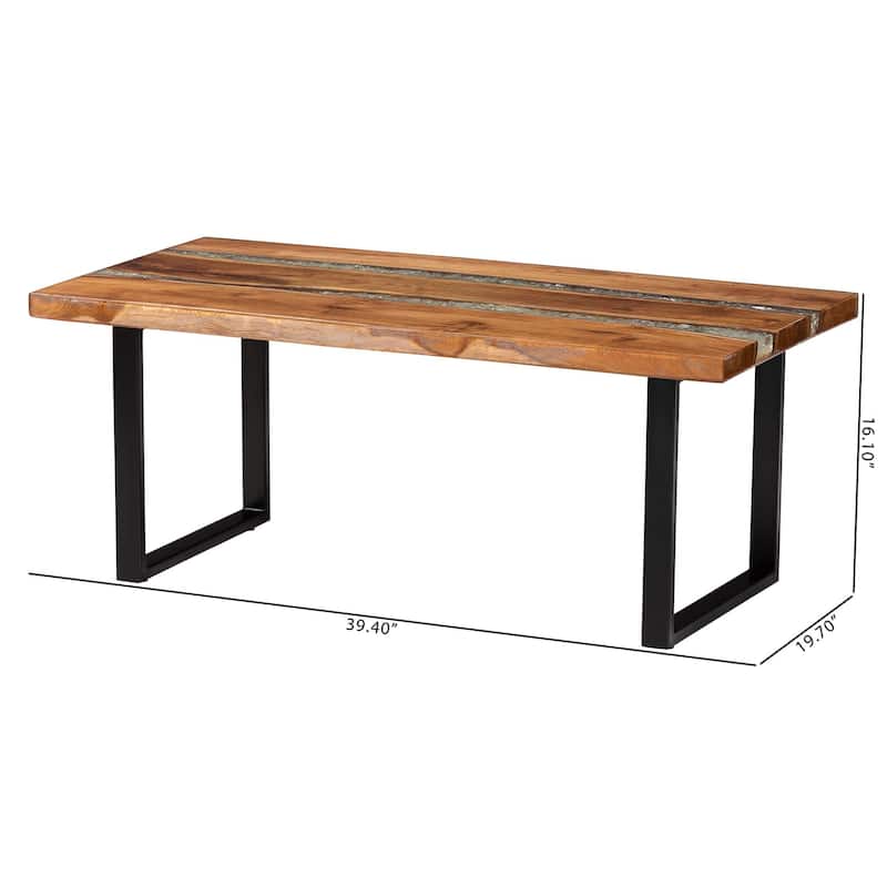 Apio Wood Epoxy Resin Coffee Table with Glass Inlay - Rectangular Live Edge Teak wood Accent Table with Black Metal Base