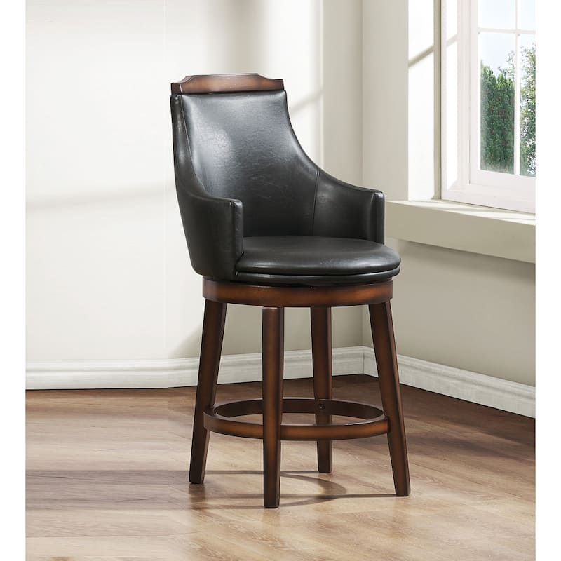 Swivel Counter Height Chairs Set of 2, Dark Brown Faux Leather Upholstered Wooden Dining Furniture - Dark Brown