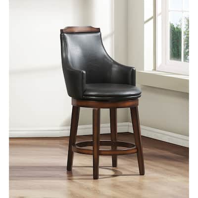 Swivel Counter Height Chairs Set of 2, Dark Brown Faux Leather Upholstered Wooden Dining Furniture