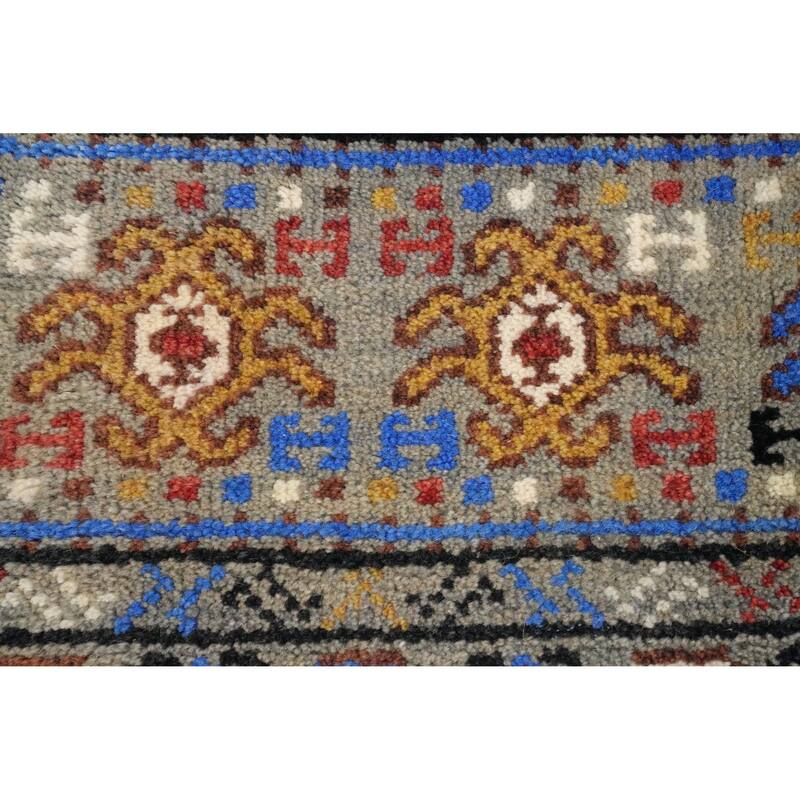 Hand Knotted Oriental 100% Wool Carpet Traditional Tribal Greys & Charcoal Kazak Runner Rug - 9' 11'' X 2' 7''