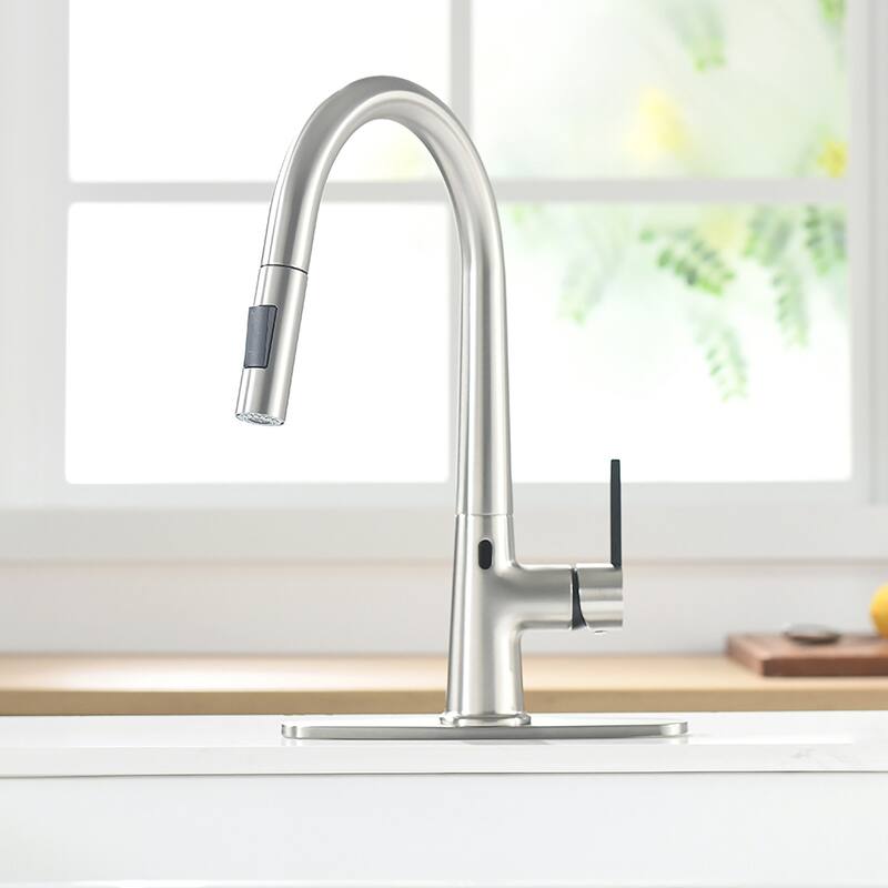 Brushed Nickel Touchless Pull-Out Single-Handle Kitchen Faucet with Deck Plate