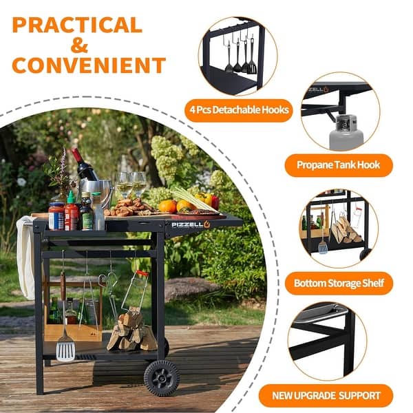 PIZZELLO Outdoor Grill Dining Cart Movable Pizza Oven Trolley BBQ Stand Double -Shelf Outdoor