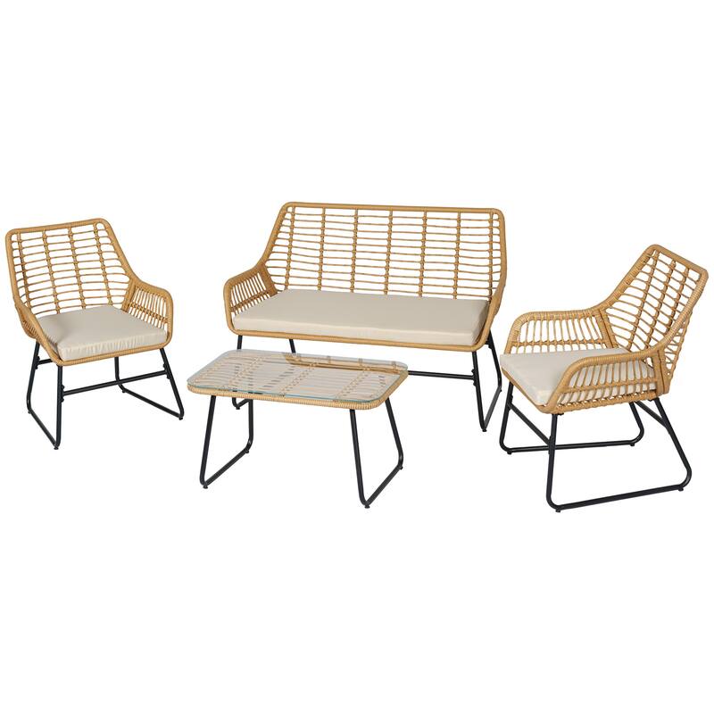 4 Piece Patio Furniture Set, Outdoor Wicker Conversation Set with Loveseat,Chairs and Table - 47.2" W x 24.4" D x 31.9" H