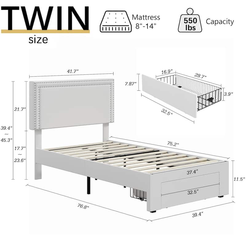 VECELO Set of 2 Twin Beds with Rolling Underbed Drawer Height Adjustable Headboard Rivet-Trimmed Headboard Twin Beds