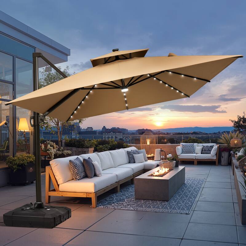 10 X 13 FT Outdoor Patio Cantilever Umbrella with Solar Lights Wheeled Base Double Canopy 360 Rotation Tilt - Tan