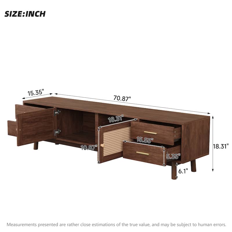 Modern 70" TV Stand with Rattan Doors for TVs up to 80", Media Console Entertainment Center with Drawers