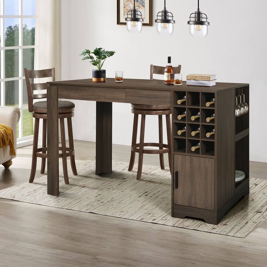 Wooden Counter Height Dining Bar Table with Storage Shelves - N/A