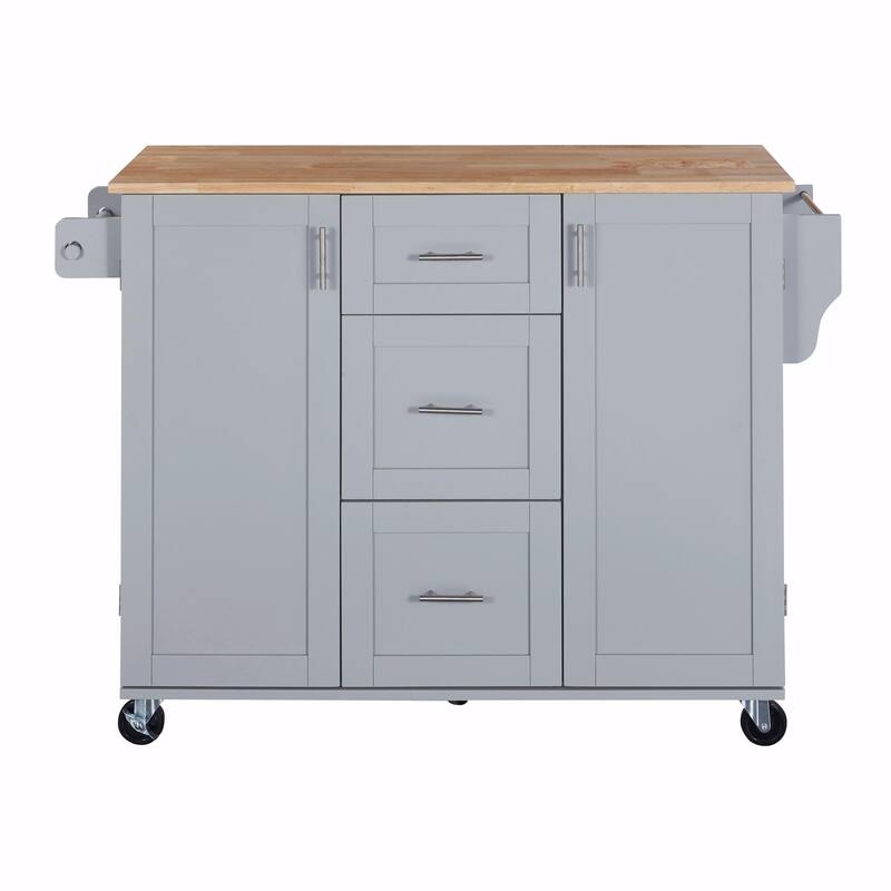 Rolling Kitchen Island with Rubber Wood Top, Drawers, Shelves, Internal Storage, Wheels, Spice & Towel Racks