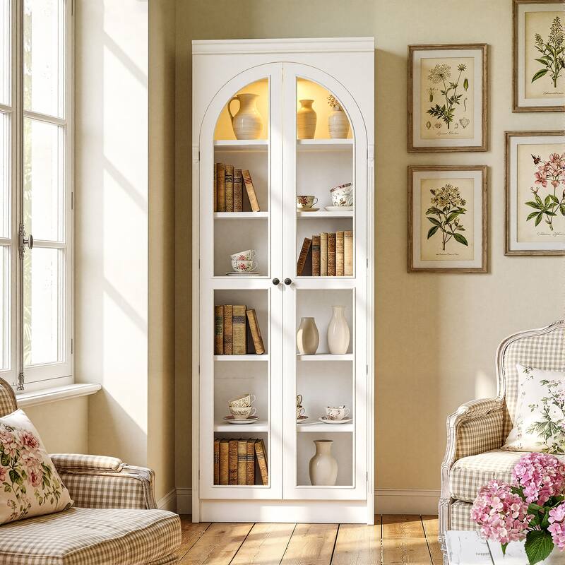 Modular White Bookcase with LED Lights & Glass Doors, 86.6" Tall Arched Display Cabinet Solid WoodStorage Cabinet