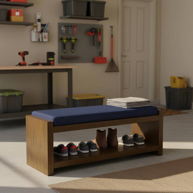 Homy Casa 47" / 40" Accent Bench with Storage, Padded Seating & Lower Shelf Shoe Rack - Blue