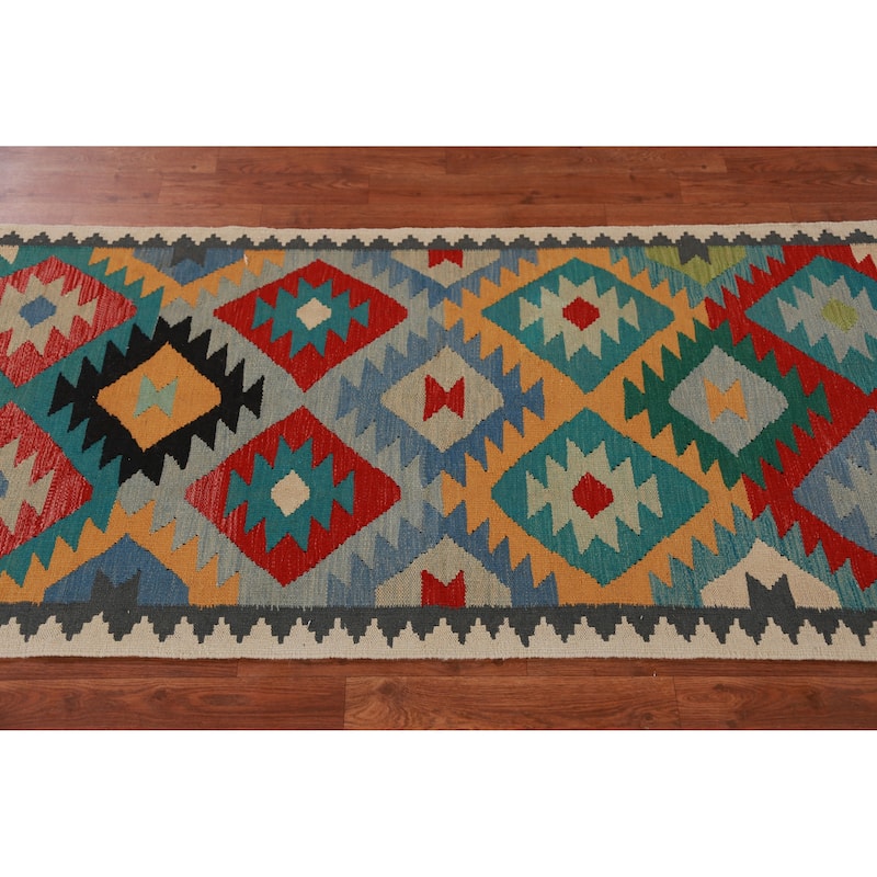 Hand Woven Oriental 100% Wool Carpet Southwestern All-Over Multi-Colored Kilim Runner Rug - 12' 10'' X 2' 9''