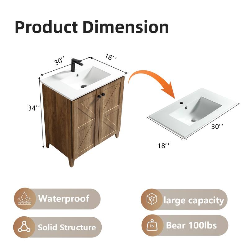 30 Inch Folding Bathroom Floor Cabinet with Ceramic Sink, 1-Minute Tool-Free Install, Space-Saving Freestanding Vanity
