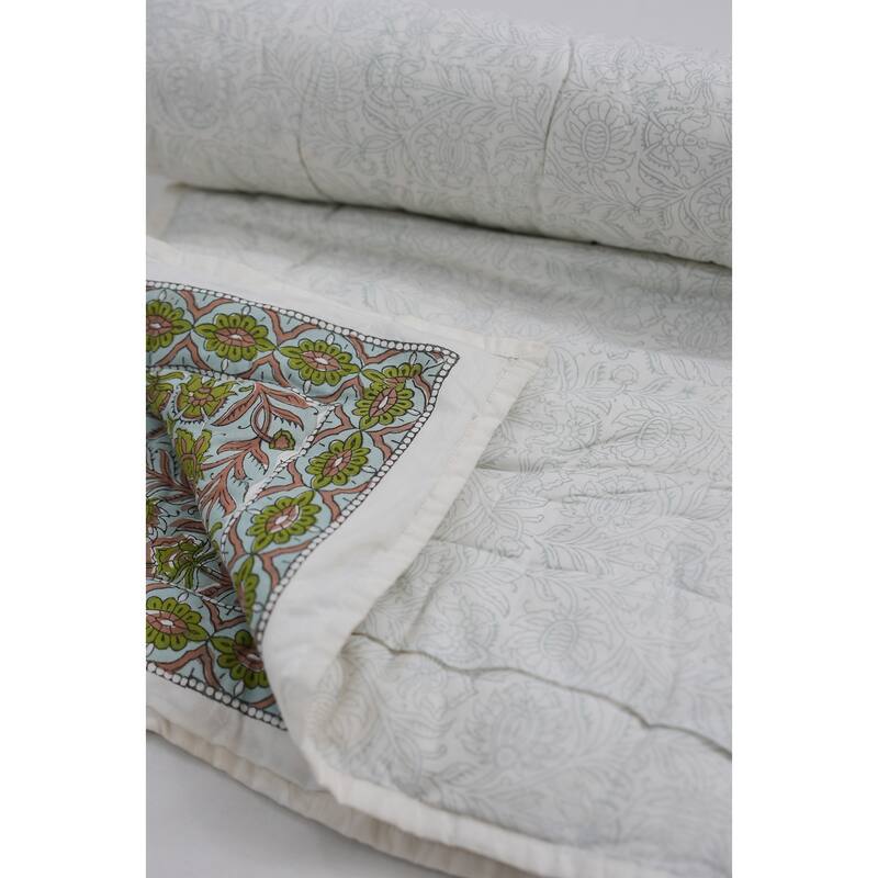 Fabdivine Hand Block Print Eco-Friendly Cotton Quilt Jaipuri Jaal Green Brown, Decorative Cotton Bedspread for Home & Bedroom