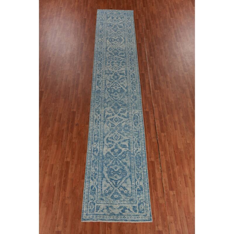 Hand Knotted Oriental 100% Wool Carpet Transitional All-Over Navy Blue & Blues Oushak Runner Rug - 17' 4'' X 3' 2''