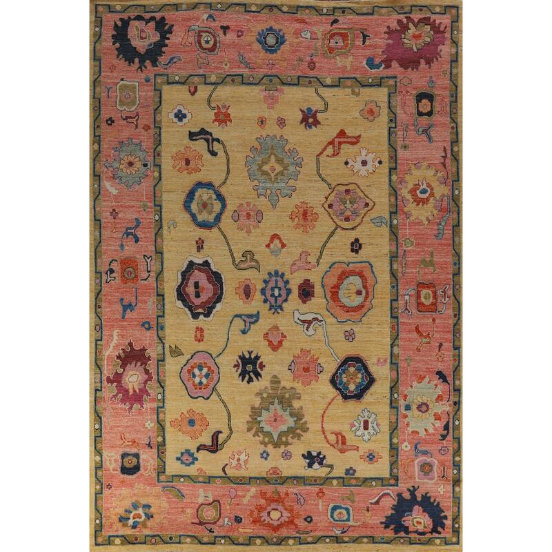Yellow Oushak Turkish Area Rug Hand-Knotted Vegetable Dye Wool Carpet - 8'11" x 12'11"