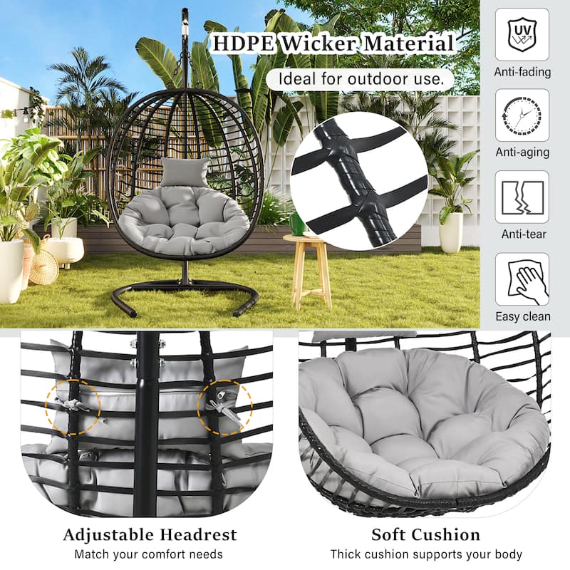 Single Person Folding Egg Chair with Stand, Hanging Egg Chair, Wicker Hammock Swing Chair with Adjustable Anti-Slip Feet