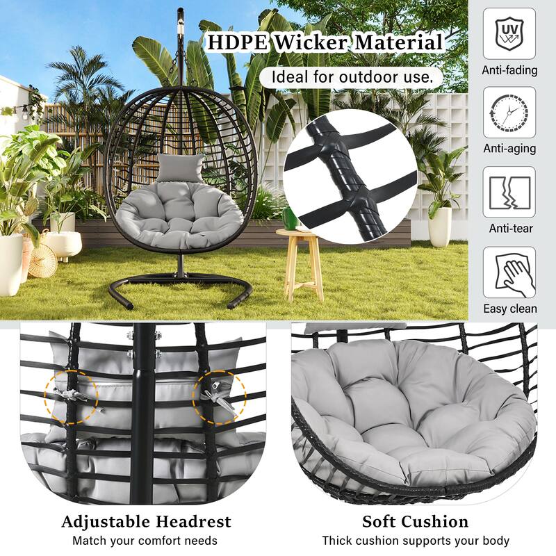 Single Person Folding Egg Chair with Stand - Hanging Wicker Hammock Swing with Adjustable Feet for Balcony, Garden, Bedroom