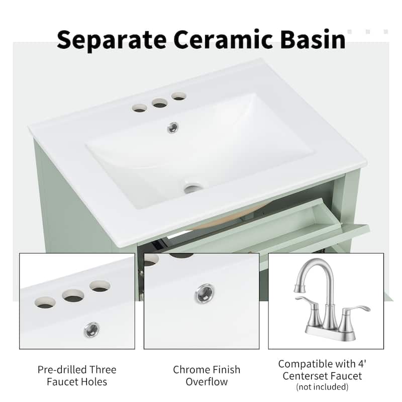 24" Bathroom Vanity with Sink, MDF & Rubberwood Construction, 3 Drawers & Cabinet with Adjustable Shelves