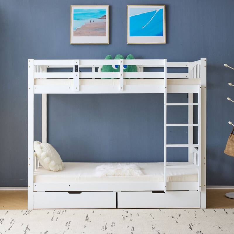 Solid Wood Twin-over-Twin Convertible Bunk Bed with 2 Drawer, White