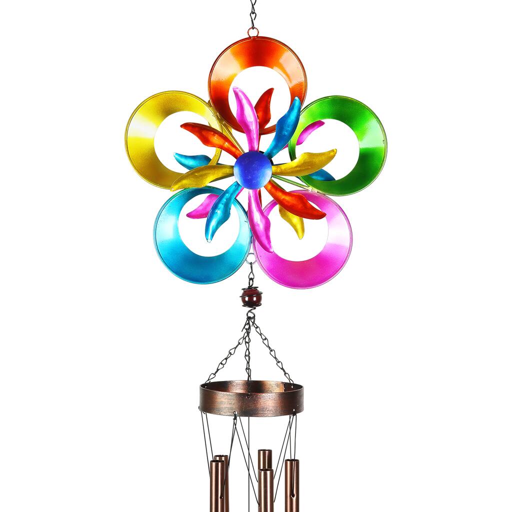 Exhart double spinning metal rainbow pinwheel wind chime, 44 Inches