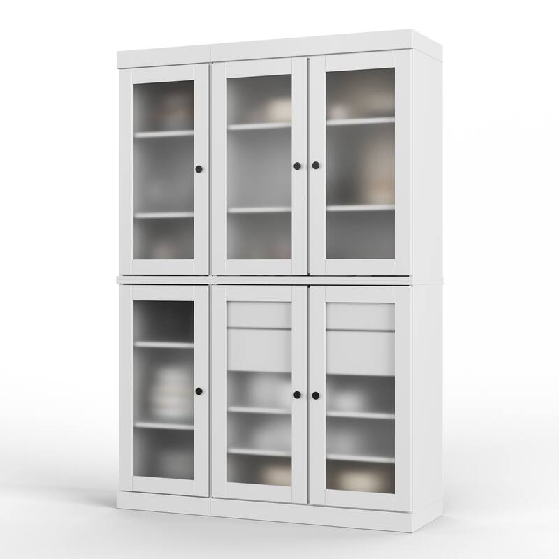 100% Solid Wood 48.5" Pantry Cabinet with Frosted Glass Doors and 2-Drawers