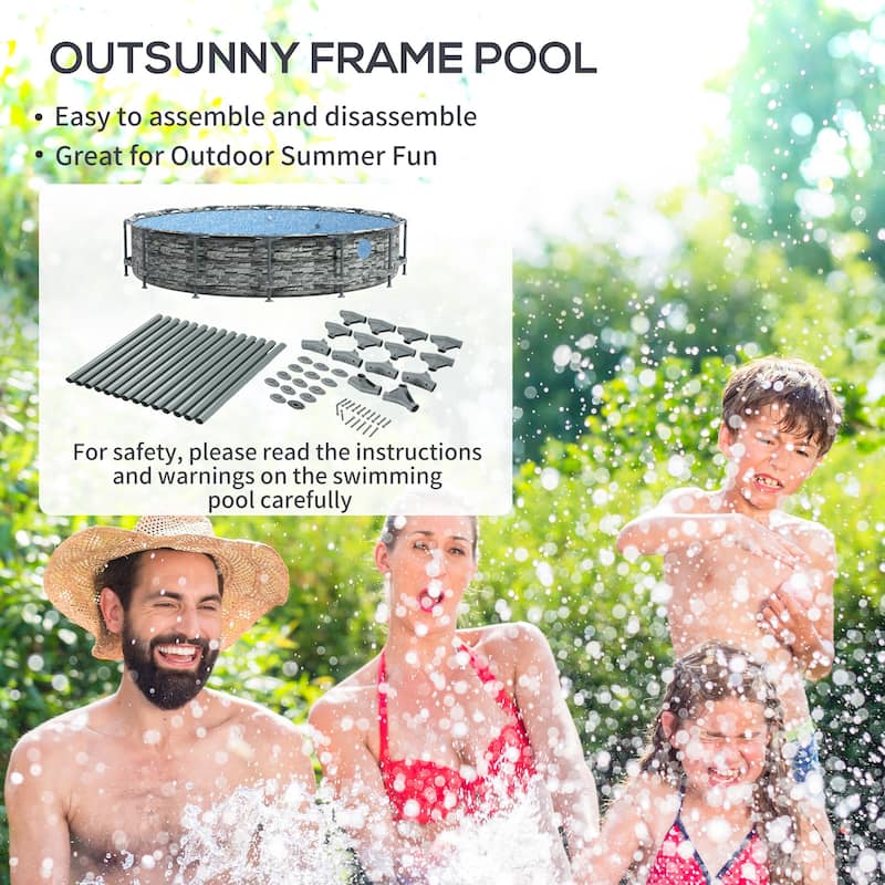 Outsunny 14' x 33" Round Above Ground Swimming Pool, Steel Frame Pool with Cartridge Filter Pump and Repair Patch, Gray Brick