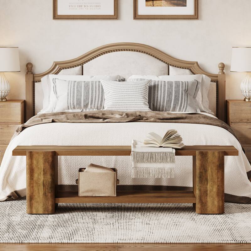 63 Inch Long Wooden Entryway Bench, End of Bed Bench with Storage Shelf - 13.39" D x 62.6" W x 17.32" H