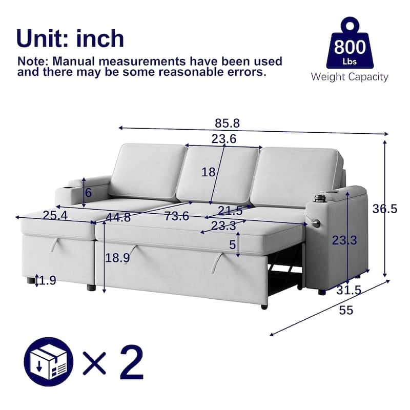 MH85.8" Sleeper Sofa, Sofa Bed - 2 in 1 Pull Out Sofa Bed with Storage Sofa with Charging Port