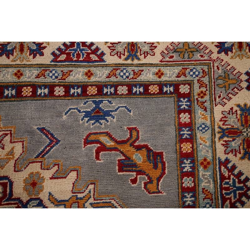 Geometric Kazak Rug Hand-Knotted Grey Traditional Wool Carpet - 5'10" x 8'4"