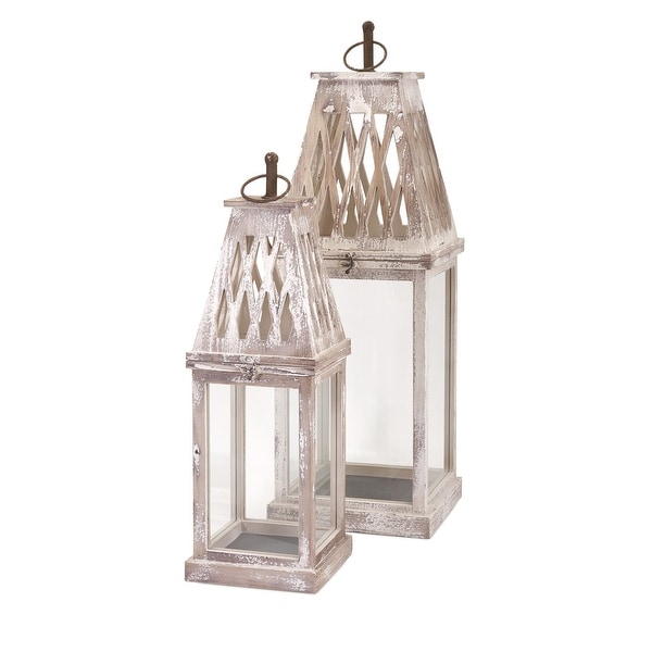 IMAX Home 89361-2 Ramsey 2 Piece Iron and Wood Pillar Lantern Candle Holder Set - Beige