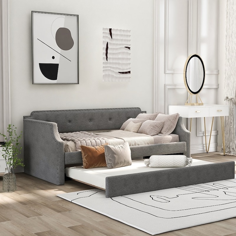 Tufted Upholstered Notched Twin Daybed with Trundle