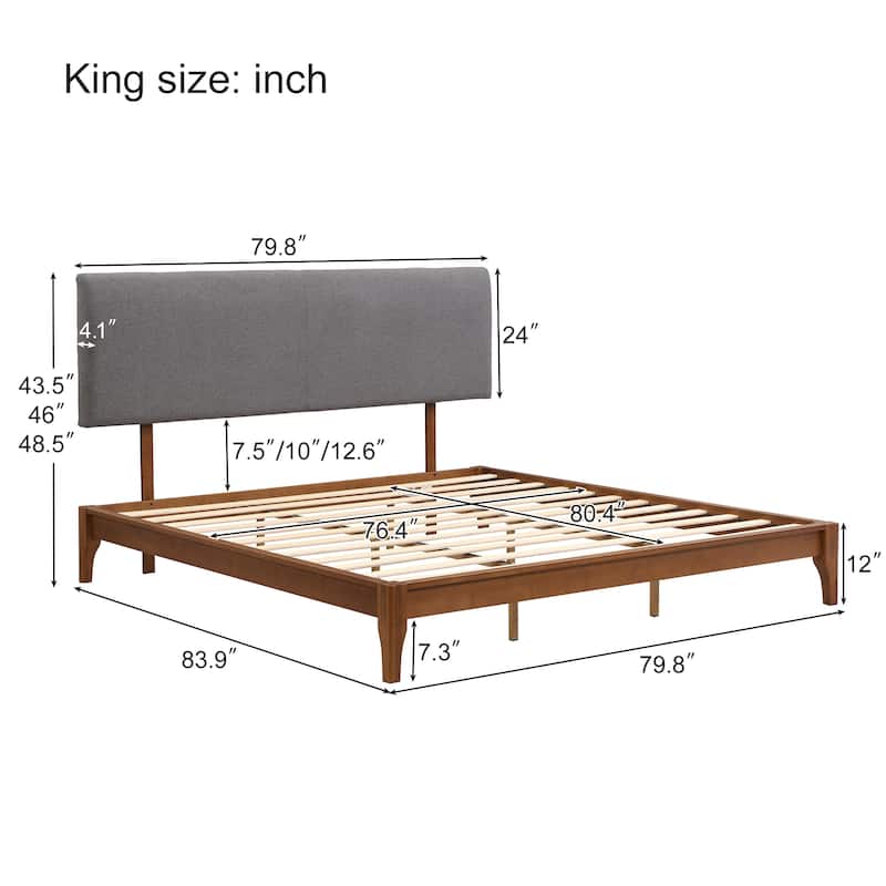 Solid Dry Bamboo Wood Platform Bed with Bamboo Frame, Upholstered Adjustable Headboard, Noise-Free Design, Easy Assembly