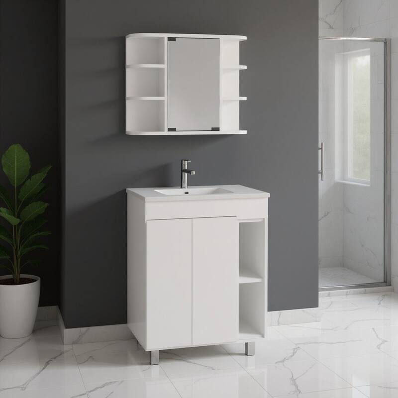 HomeRoots 24" White Wood Freestanding Bathroom Vanity With Sink And Medicine Cabinet With Mirror - 23.80 in. x 34.00 in.  x 17.90 in. - Polished - White