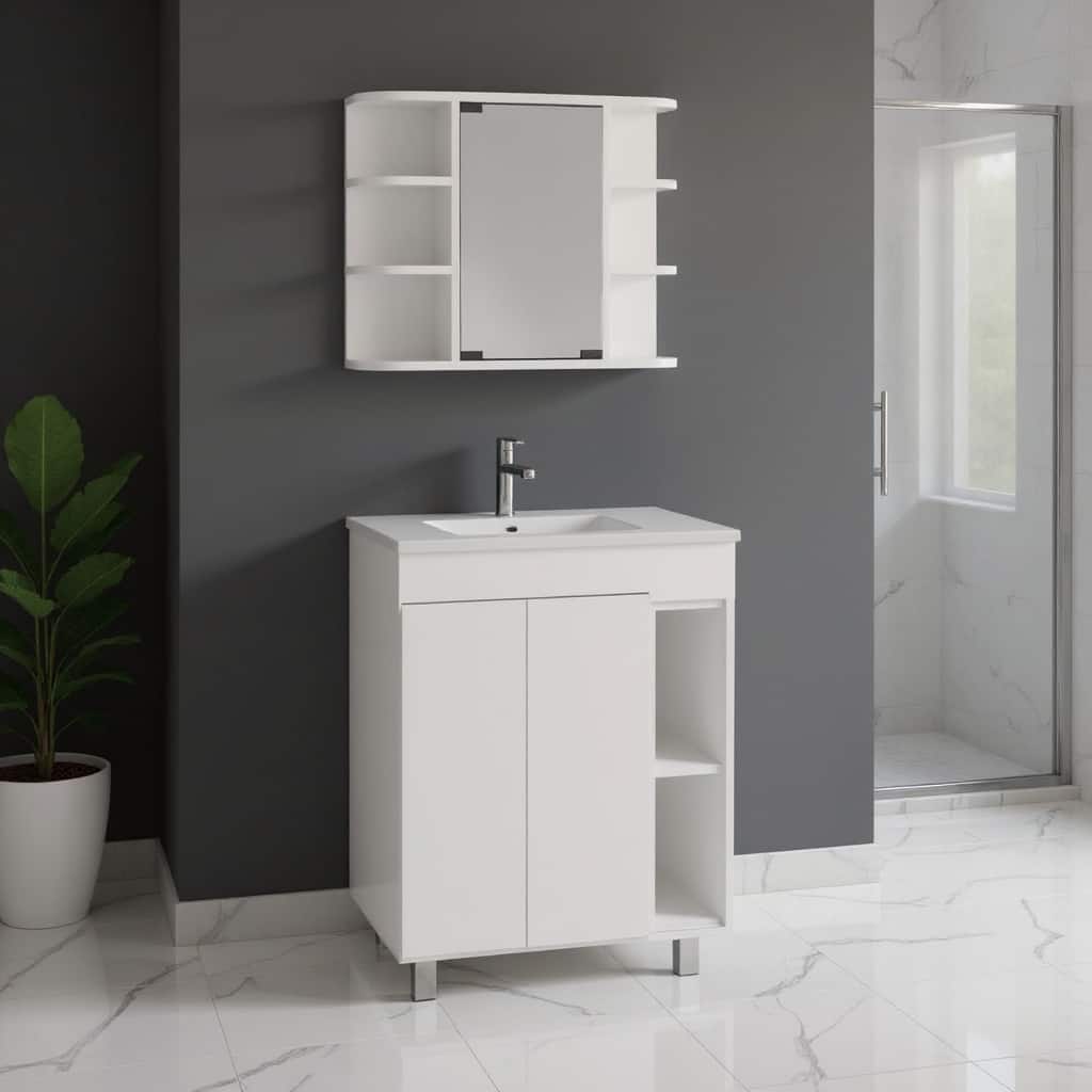 HomeRoots 24" White Wood Freestanding Bathroom Vanity With Sink And Medicine Cabinet With Mirror