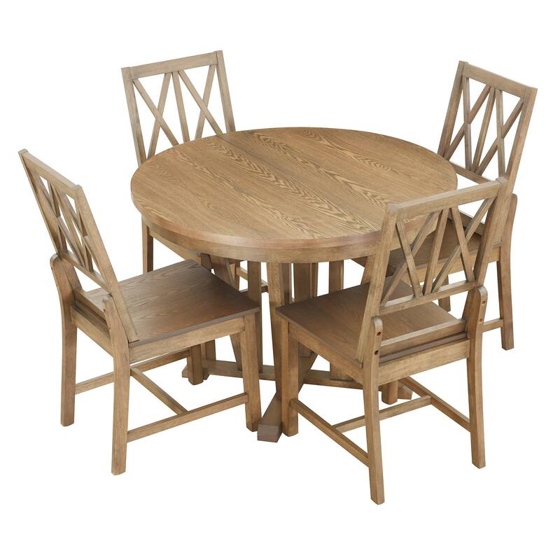Rustic 5-Piece Extendable Dining Table Set Round Trestle Table and 4 Cross Back Dining Chairs for Kitchen, Dining Room,