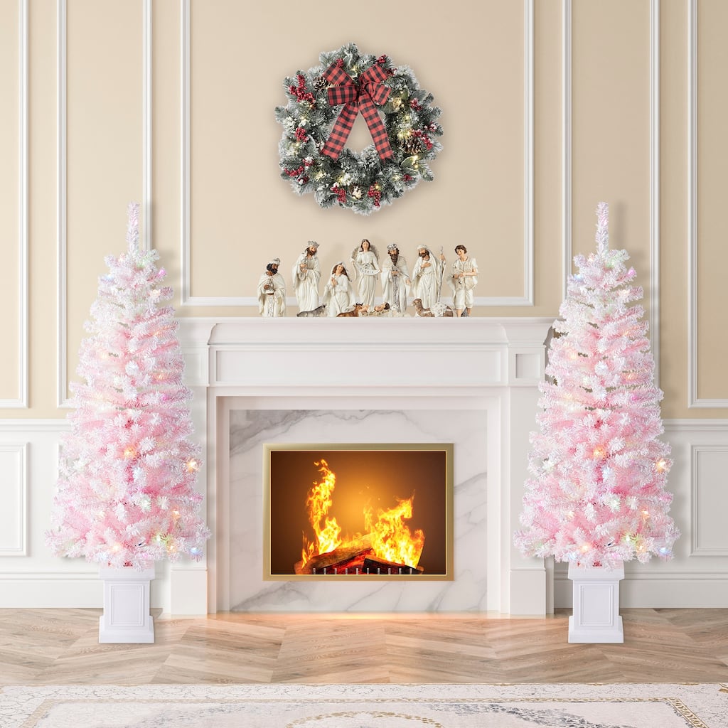 Glitzhome 4FT/5FT Pre-Lit Flocked Pink Artificial Christmas Tree in White Planter with LED Lights for Party Holiday Decoration