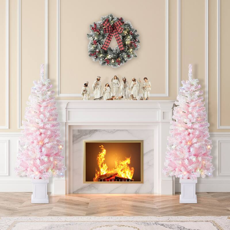 Glitzhome 4ft/5ft Pre-Lit Flocked Pink Artificial Christmas Porch Tree with Foot Pedal LED Lights