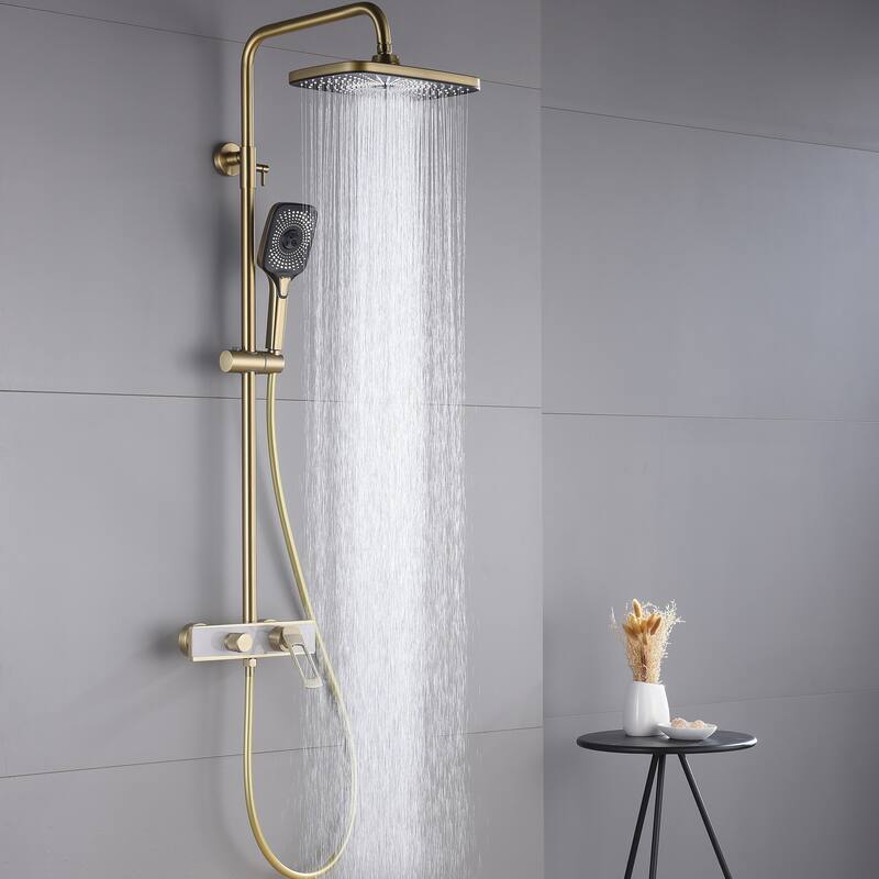 5-Way Wall Exposed Install 12'' Complete Rainfall Shower System with Handheld Showerhead & Faucet in Black / Gold - Brushed Gold