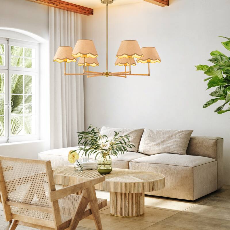 Starsky 6-Light Large Handmade Natural Rattan Boho Wagon Wheel Chandelier