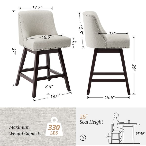 dimension image slide 2 of 8, 26 in. Fabric Upholstered Counter Height Swivel Bar Stool with Footrest - 19.6"D x 19.6"W x 37"H