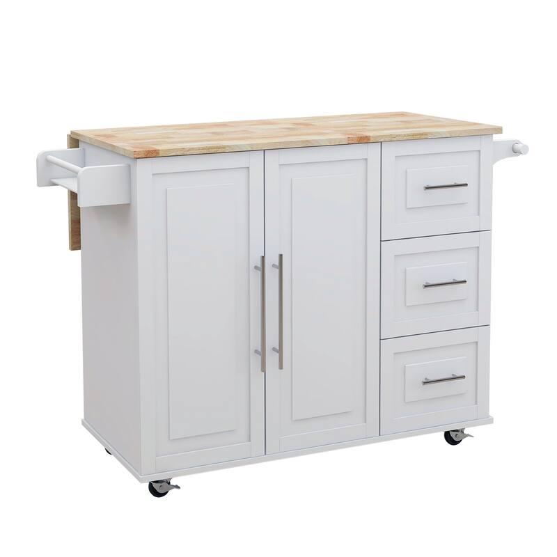 Kitchen Island with Spice Rack Towel Rack Extensible Solid Wood Table Top and Wheels, for Kitchen Storage and Workspace