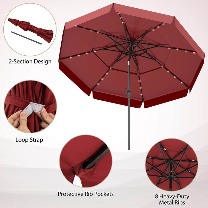 Costway 10 FT Solar Patio Umbrella with 32 LED Lights 3-Tier Vented