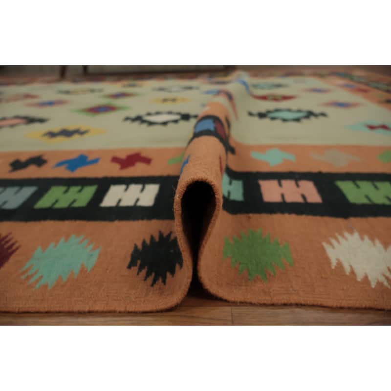 Hand Woven Oriental 100% Wool Carpet Southwestern Modern Green Kilim Area Rug - 10' 7'' X 8' 8''