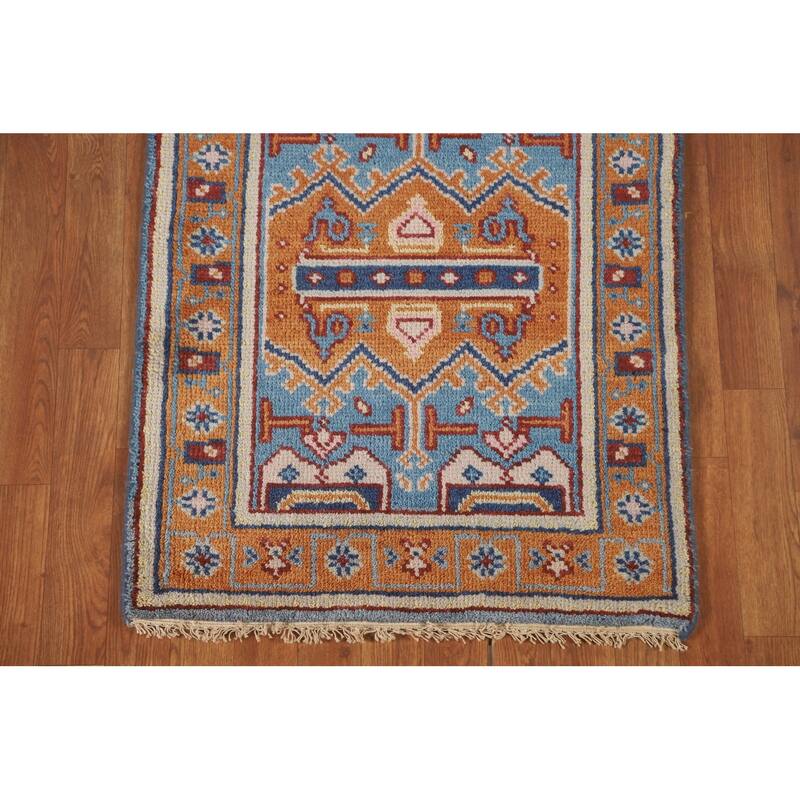 Geometric Kazak Runner Rug Hand-Knotted Wool Carpet - 2'6" x 7'10"