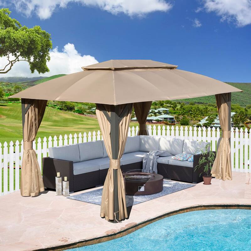 10x14FT Outdoor Gazebo with Double Roofs,Privacy Curtains,Mosquito Nettings,Heavy Duty Metal Frame Party Tent Canopy for Patio