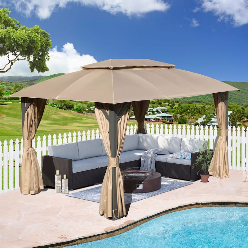 Double Roof Heavy Duty Metal Frame Gazebo with Privacy Curtains - 10x14FT - Beige