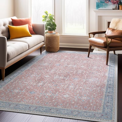 Transitional Bordered Floral Machine Washable Area Rug
