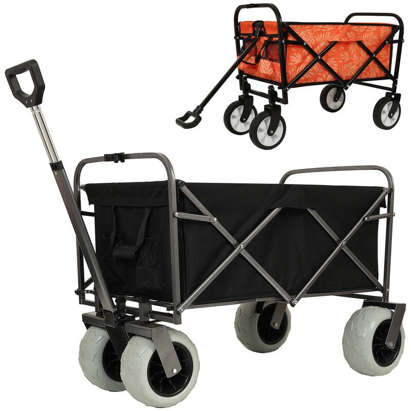 Two Pieces:Heavy-Duty 500lb Capacity Beach Wagon w/9" Pneumatic Tires & Steel Frame;Compact 225lb Foldable Utility Cart w/Straps - Orange/Black